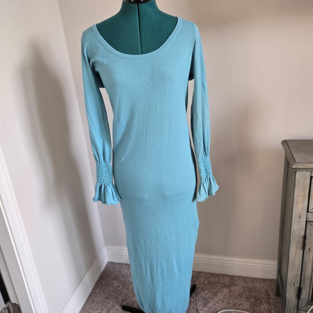 Spiegel Maxi Dress Womens Large Blue Cashmere Blend Ruffle Sleeve 05808